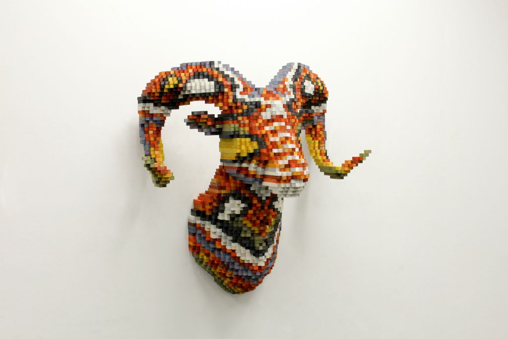 MothRam (2016)
27 x 27 x 18.25 inches. Plywood, ink, acrylic paint